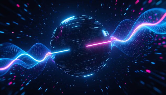 Futuristic digital sphere glowing with neon energy waves, representing technology, data flow, and virtual innovation system