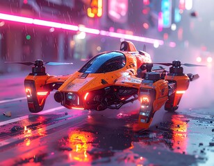 Orange futuristic flying car on a wet, neon-lit street, rain falling