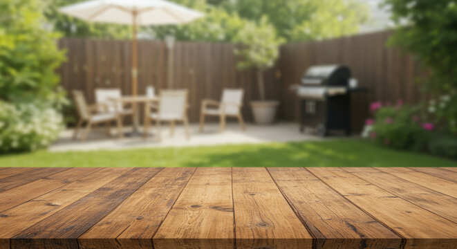 Wooden tabletop with outdoor backyard patio in sunlight featuring garden furniture, barbecue grill, and lush green lawn