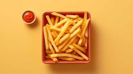 Golden french fries delight served with ketchup on a bright backdrop scene