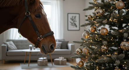 Curious brown horse observing decorated christmas tree with baubles and lights in cozy modern living room interior