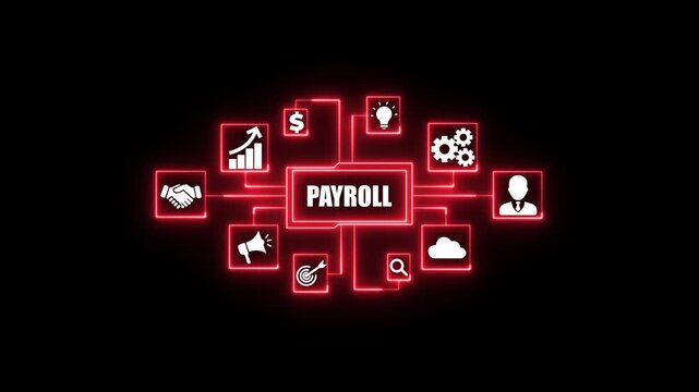 Payroll management system flowchart with business icons glowing blue on black background. Business, Technology, Internet and network concept.