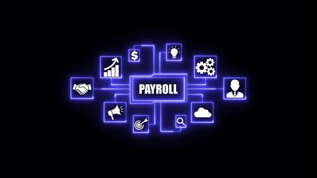 Payroll management system flowchart with business icons glowing blue on black background. Business, Technology, Internet and network concept.