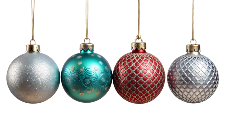 Four hanging christmas baubles in silver, teal, and red, isolated on a transparent background