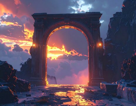 Ornate archway frames a sunset scene with dramatic sky, rocky terrain, and hazy horizon