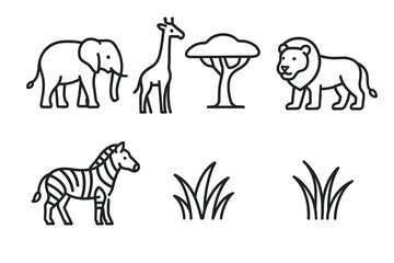 Obraz premium Outline drawings of savanna animals and plants: elephant, giraffe, lion, zebra, tree, grass