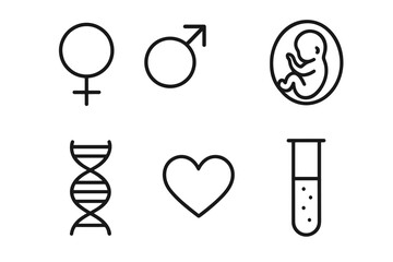 Gender symbols, fetus, dna, heart, and test tube icons in minimalist line art