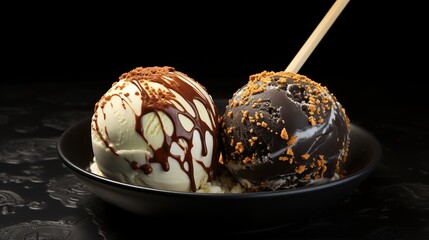 Two ice cream scoops, a decadent dessert experience on a dark plate