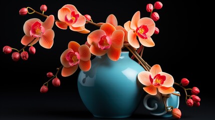 Elegant Orchid Arrangement in Teal Vase with Dramatic Dark Backdrop