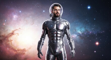 Fototapeta premium Man in silvery spacesuit against colorful nebula, stars, and galaxy background