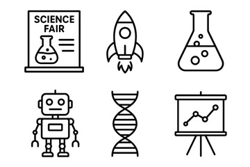 Science fair icons: rocket, beaker, robot, dna, graph presentation