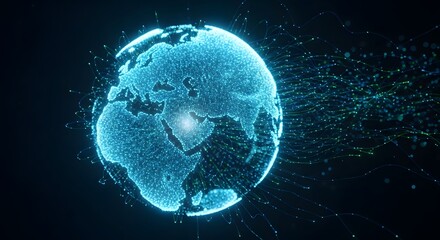 Futuristic digital globe with a vibrant network of interconnected nodes and flowing data particles, representing global communication, advanced technology, and worldwide connectivity