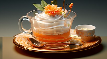 Elegant layered dessert with orange jelly, cream, and floral garnish served beautifully
