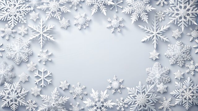 A delicate and intricate frame made of numerous white snowflakes of various sizes and shapes on a soft grey background, creating a winter wonderland effect