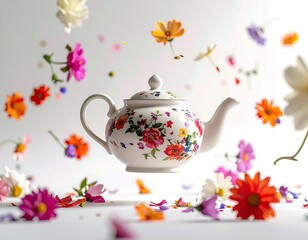 Floral teapot surrounded by floating colorful blossoms