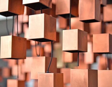 Copper cubes suspended by black wires, a modern installation