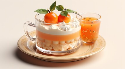 Exquisite layered dessert with kumquats in a glass mug paired with juice