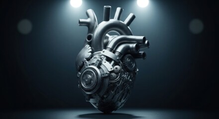 Mechanical heart, crafted with gears and pipes, under spotlight
