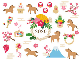 かわいい午年の正月素材のベクターイラストセット。馬、2026年、年賀状、縁起物、和風