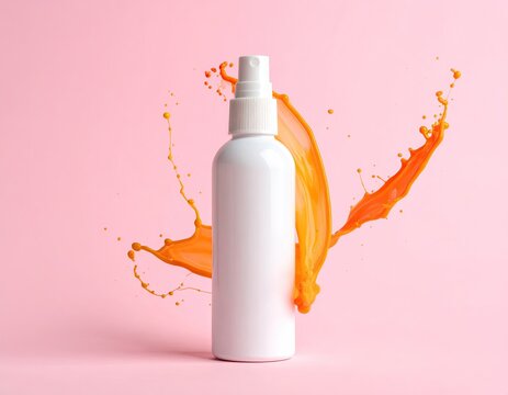 White spray bottle with orange splash on pink background (1)