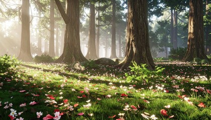 Obraz premium Forest floor lit, covered in petals beneath tall trees