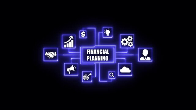 Financial Planning Strategy Icons Network Flowchart Business Growth Investment Security Success. Business, Technology, Internet and network concept.