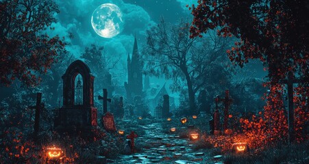 Chilling Halloween background featuring a spooky graveyard under a full moon with glowing jack-o'-lanterns and eerie mist