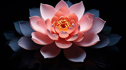 Abstract pink water lily blossom on a black backdrop radiating soft light