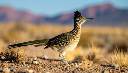 Ground bird with patterned plumage poses against blurred desert landscape and mountains under a clear blue sky