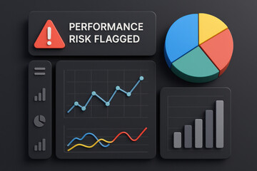 Business intelligence dashboard showing serious performance risk alert. This analytics interface with pie chart and graph indicates significant problem requiring review