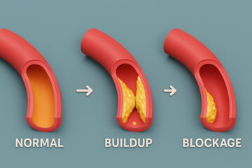 Concerning medical illustration of artery plaque formation stages. diagram shows progression from normal, healthy blood vessel to buildup and severe blockage