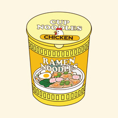 Bright yellow ramen cup noodles with lid illustration inspired by chicken flavor design