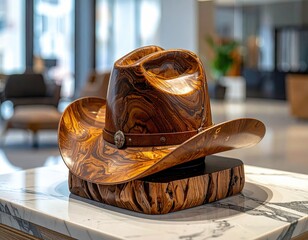 Carved wood cowboy hat on stone base