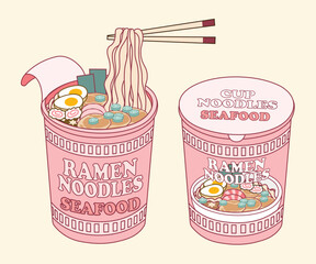Pink ramen cup noodles illustration featuring seafood flavor with lid and chopstick design