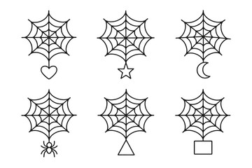 Collection of spider web designs with heart, star, moon, spider, triangle, and square