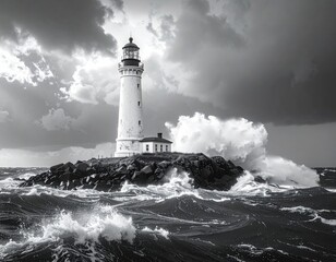 Lighthouse standing strong against waves, stormy skies above