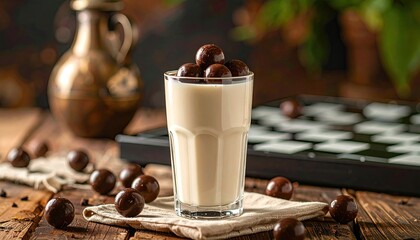 Creamy drink topped w/ chocolate balls, rustic setting
