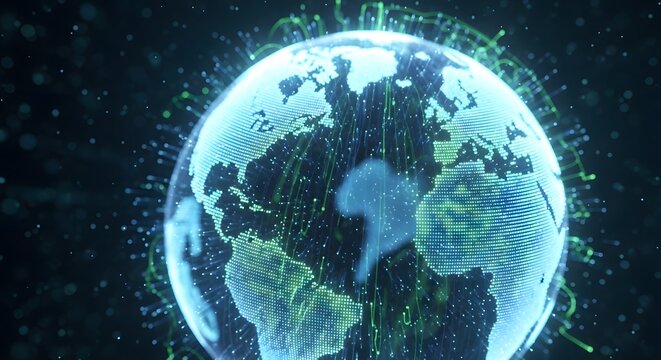 Dynamic digital Earth globe with glowing data streams, illustrating global connectivity, technological advancement, and the interconnectedness of modern communication networks - Powered by Adobe