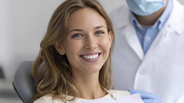 A radiant young woman with blonde hair and striking blue eyes smiles warmly and confidently directly into the camera, showcasing her perfect, bright white teeth. She is comfortably seated in what appe