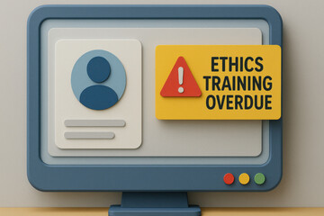 Urgent ethics training overdue alert on computer screen interface for business employee. compliance reminder icon showing professional development notification