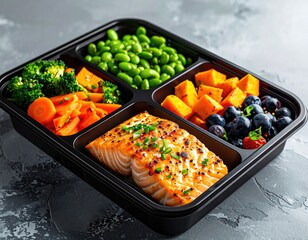 Salmon, veggies, and sweet potato in a container, closeup