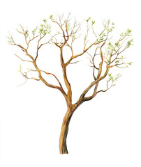 Obraz premium Watercolor, simple, cute, beautiful dry tree with branches and green leaves.