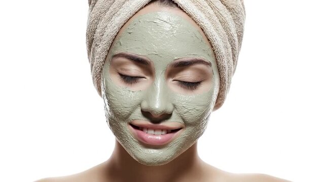 A radiant young woman with a vibrant green or clay facial mask applied to her skin smiles genuinely at the camera, conveying a sense of refreshment and well-being. Her hair is neatly wrapped in a soft