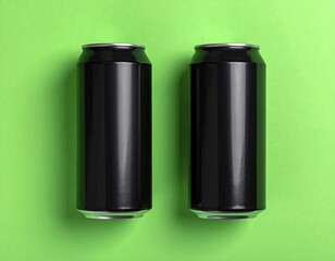 Two black cans, side by side, on vibrant green background