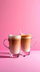 Two layered drinks in glass mugs against a pink background
