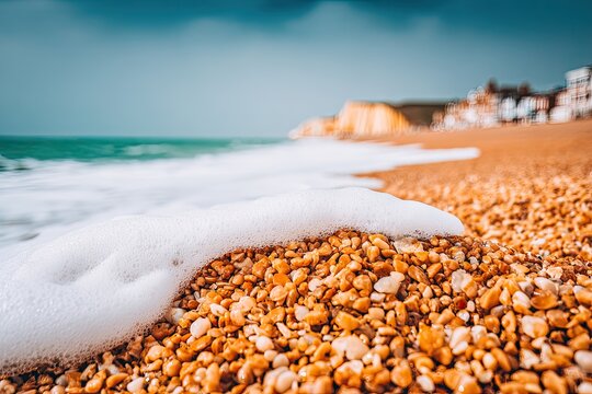 Foamy waves wash a pebbly beach, with blurred cliffs background
