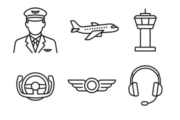Aviation symbols: pilot, airplane, control tower, steering wheel, wing logo, headset