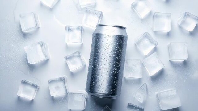 A top-down view of a cold, unlabeled silver aluminum can with condensation, surrounded by scattered ice cubes on a white surface.