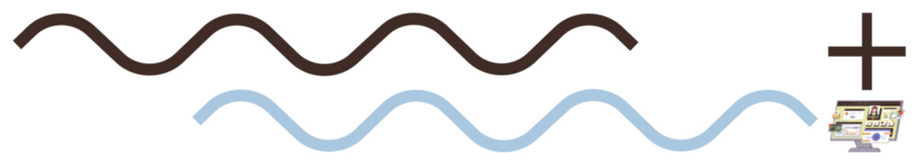 Black and blue waves flow horizontally with a cross and a small banknote in the corner. Ideal for finance, technology, religion, balance, economy, abstraction, and simple flat metaphor