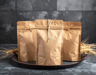 Three kraft paper pouches on tray, with wheat